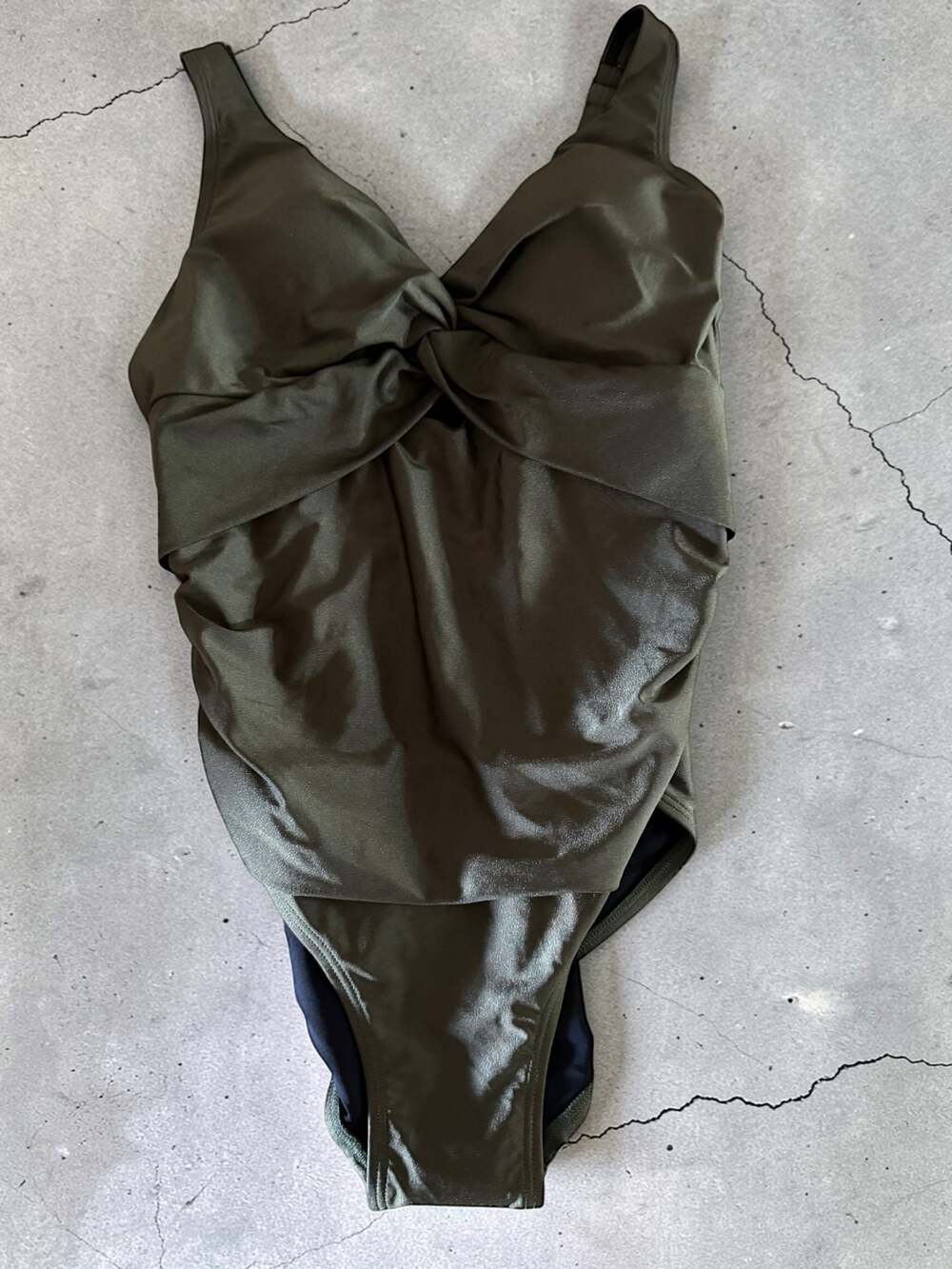 DKNY Women's Shirred Keyhole Detail Shimmer One-Piece Swimsuit in Olive Green